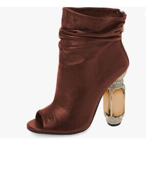 FSJ Brown Peep Toe Slouch Ankle Boots Chunky Stacked Heels Party Prom Shoes
